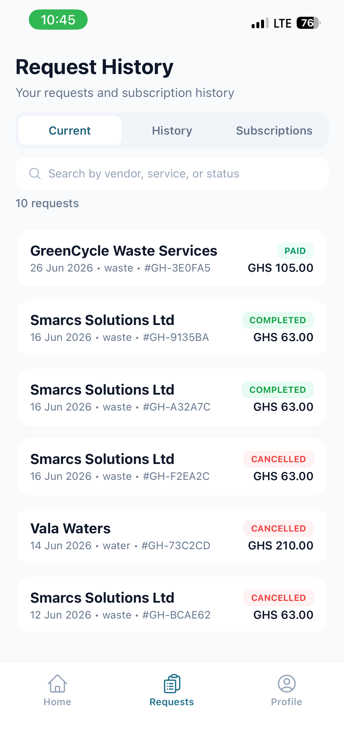 Request history in the Gohelpa app